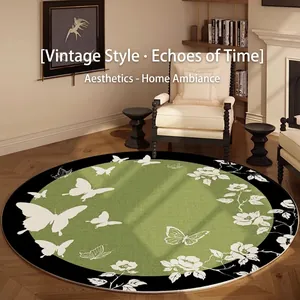 Vintage grüner runder Teppich mit Schmetterlings- und Blumenmuster für Wohnzimmer