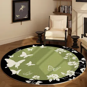 Eleganter grüner runder Teppich mit Schmetterlings- und Blumenmuster für das Wohnzimmer