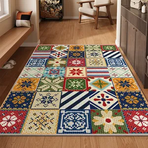 Alfombra étnica antideslizante para entrada con diseño de retazos geométricos.