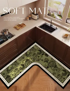 Detail of L-shaped kitchen mat with vintage floral pattern in a modern kitchen