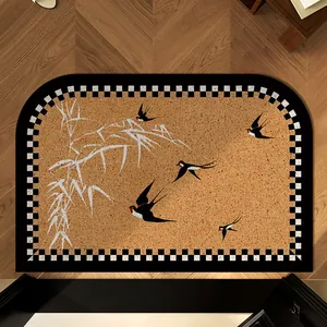 Paillasson en PVC Demi-Cercle Style Vintage Moderne Motif Hirondelle Bambou Antidérapant Résistant à la Saleté Découpable