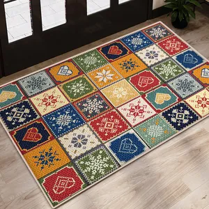 Felpudo étnico de terciopelo belga con patrones coloridos de corazones y copos de nieve
