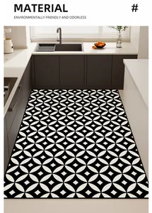 Modern black and white geometric patterned kitchen floor mat in a kitchen setting