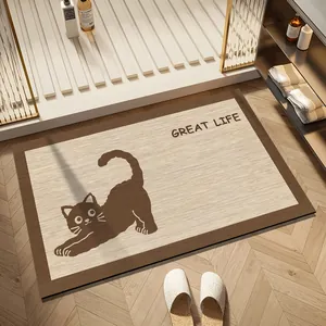 Tappetino da bagno assorbente antiscivolo con gatto cartone e trama effetto legno
