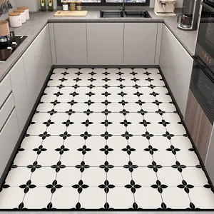 Anti-slip waterproof PVC kitchen floor mat featuring elegant black floral patterns