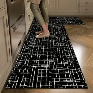 Ensemble de tapis de cuisine avec motif de grille abstrait noir et blanc, antidérapant