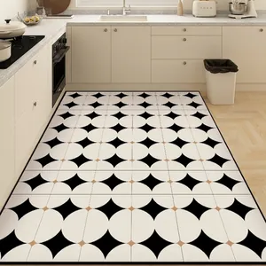 Modern black and white geometric PVC kitchen floor mat, non-slip and oil-proof