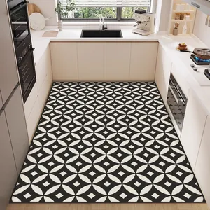 Modern black and white geometric patterned kitchen floor mat in durable oil-proof PVC leather