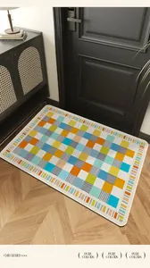 Detailed close-up of a colorful checkered entrance doormat in a modern home interior