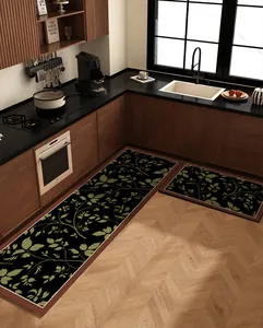 High-quality green leaf pattern anti-slip kitchen mats displayed in a modern kitchen setting