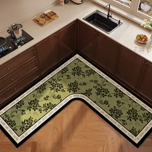 L-Shaped Corner Kitchen Mat Non-Slip Oil-Proof PVC Floor Mat Vintage Floral Diatom Mud Look Absorbent Rug For Kitchen Bathroom