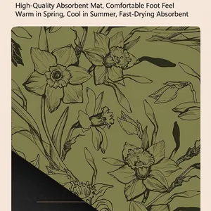 Absorbent diatomaceous earth floor mat featuring elegant olive green floral line art design