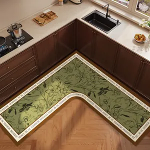 Modern green L-shaped kitchen mat with floral patterns and motivational text border