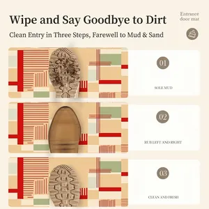 Instructional graphic for abstract geometric door mat showing effective mud removal from shoes