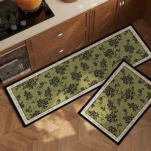 Luxury green floral kitchen floor mat set with decorative Happy Every Day border text.