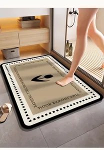 Detail view of a tan quick-dry bathroom mat with tulip design and anti-slip backing.