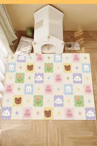 Detail view of a cartoon pet mat with cute rabbits and bears in a cozy indoor setting.