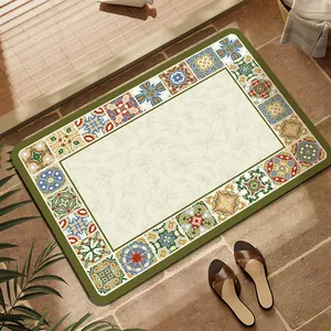 Vintage American style non-slip absorbent bathroom mat with floral tile pattern