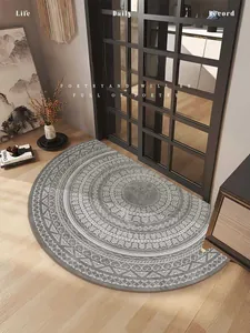 Semicircular anti-slip entryway mat with elegant gray mandala pattern in home setting