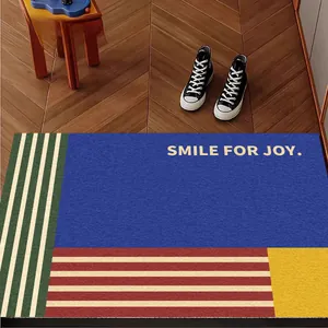 Vintage blue silk loop doormat with Smile for Joy slogan and anti-slip PVC base