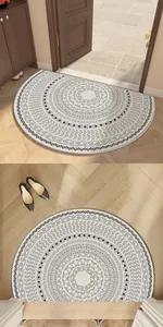 Detailed view of semi-circle door mat with Bohemian mandala patterns and non-slip silk loop
