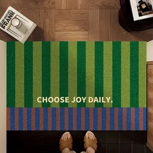 Stylish vintage striped PVC entry doormat featuring Choose Joy Daily slogan in green and blue