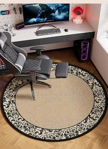 Round gaming chair floor mat with vintage floral border detail in professional study setup