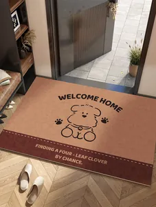 Detailed view of brown PVC leather doormat with cute bear print in cozy entryway scene