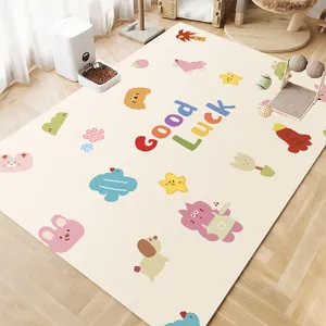 Cute cartoon PVC leather pet floor mat with Good Luck print in cozy home setting