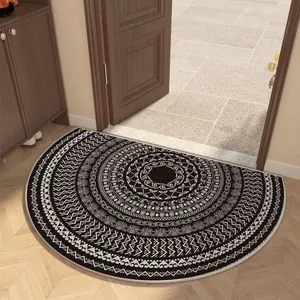 Elegant semi-circle indoor doormat with black and white mandala pattern, non-slip
