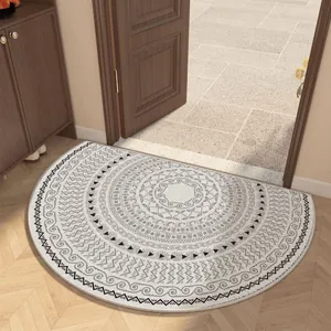 Elegant semicircle indoor door mat with black mandala patterns on a non-slip PVC base