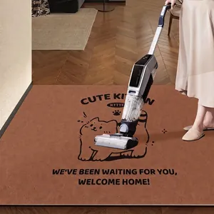 Waterproof PVC leather entry mat with cute cat design and welcome home text