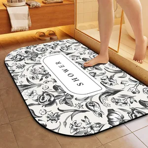 Absorbent quick-dry non-slip bath mat with elegant vintage floral pattern and Shower text design