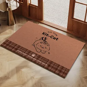 Non-slip PVC leather door mat with cute cartoon cat design and plaid border