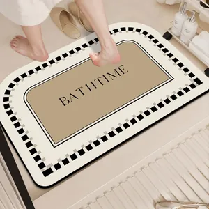 Modern minimalist absorbent non-slip bath mat with BATH TIME print and check border