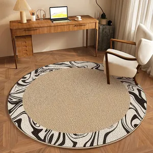 Minimalist round Belgian velvet rug with abstract marble pattern border for home office.