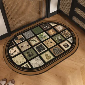 Alfombra de baño ovalada absorbente vintage con patrón botánico en suelo de madera.