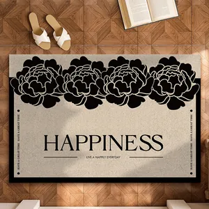 Cream floral entrance doormat with Happiness text and silk loop non-slip texture