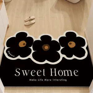 Black silk loop doormat with flower pattern and Sweet Home slogan, non-slip entryway rug
