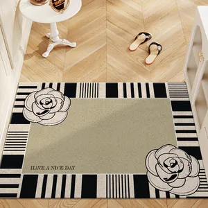 Cream style non-slip entrance doormat with elegant camellia floral design