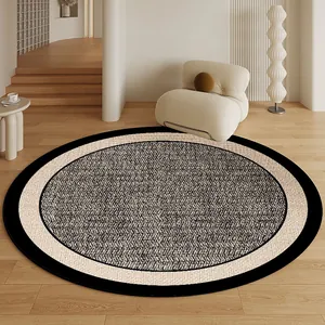 Moderner runder belgischer Samtteppich mit minimalistischem schwarz-beigem Design.