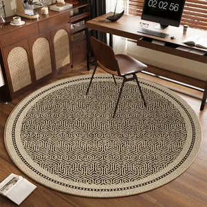 Round vintage style computer chair mat with geometric pattern in a home office setting