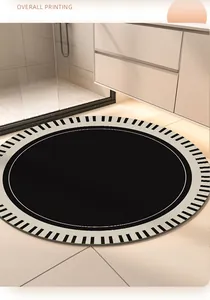 Modern round non-slip absorbent bathroom mat featuring a black and white striped edge design