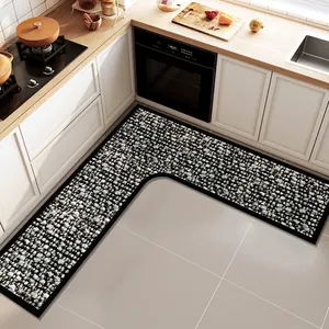 L-shaped anti-slip absorbent leather kitchen floor mat with black and white texture