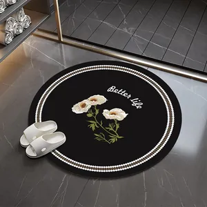 Round black floral absorbent bath mat with Better Life text and non-slip leather surface
