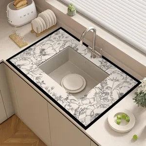 Kitchen Countertop Absorbent Leather Mat Non-Slip Sink Protector Pad Vintage Floral Printed Drainage Mat For Table Decor