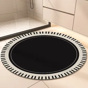 Modern black round bathroom floor mat with striped border, non-slip leather