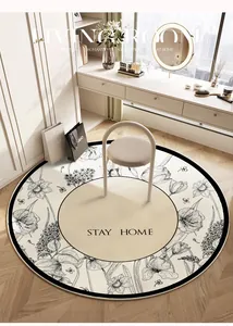 Tappeto rotondo di lusso in velluto stile francese con motivo floreale in bianco e nero