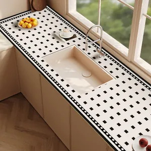 Absorbent leather mat for kitchen sink countertop with black and white geometric pattern