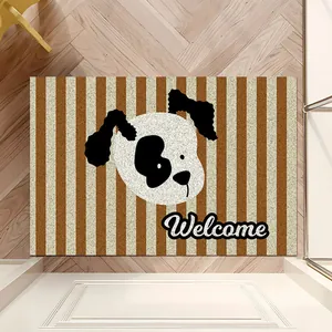 Tappetino d'ingresso a righe decorativo con simpatico cane e scritta Welcome in inglese